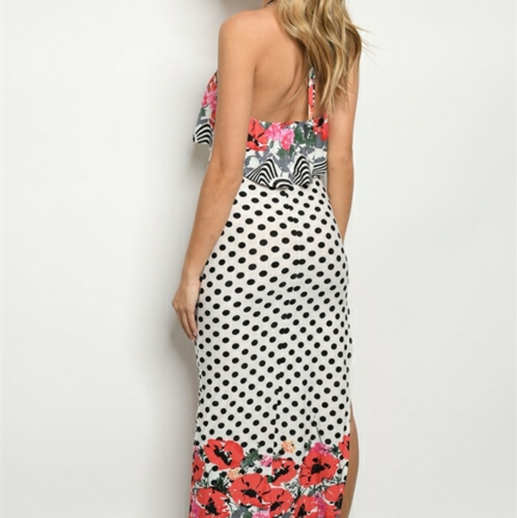 EVENT HALTER BACKLESS OFF WHITE BLACK POLKA DOTS SLIT MAXI DRESS - Picture 2 of 4